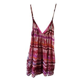 Sparkle & Fade Babydoll Top Womens M Pink Ikat Tie Dye Sleeveless Sheer Silk